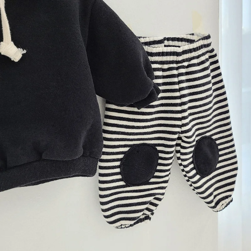 Winter Baby Casual Clothes Set Boys Cute Bear Hooded Fleece Hoodie Plus Velvet Striped Patch Pants 2pcs Suit Baby Warm Outfits