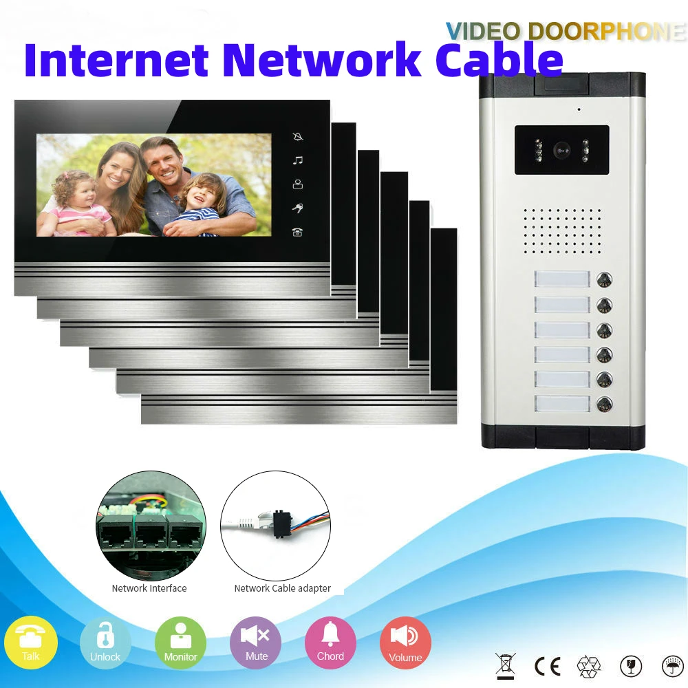 

Wired Network Cable Video Intercom 2-6 Units Home Security Doorphone Video Door Phone Two-way Audio Visual Doorbell System