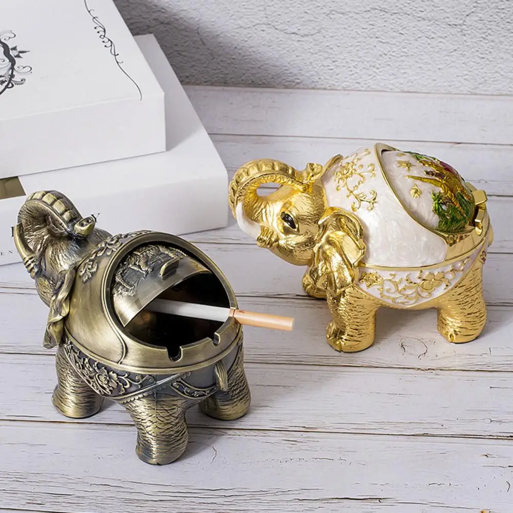 Elephant Shape  Retro Animal Windproof Ashtray Alloy Ash Container Semi-closed   for Living Room