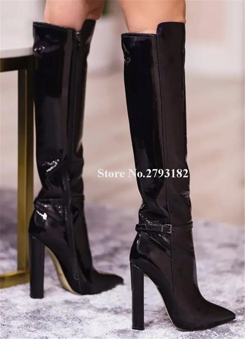 

Newest Pointed Toe Black Patent Leather Knee High Chunky Heel Boots Ankle Buckle Strap Thick Heel Long Boots Big Size46 Shoes