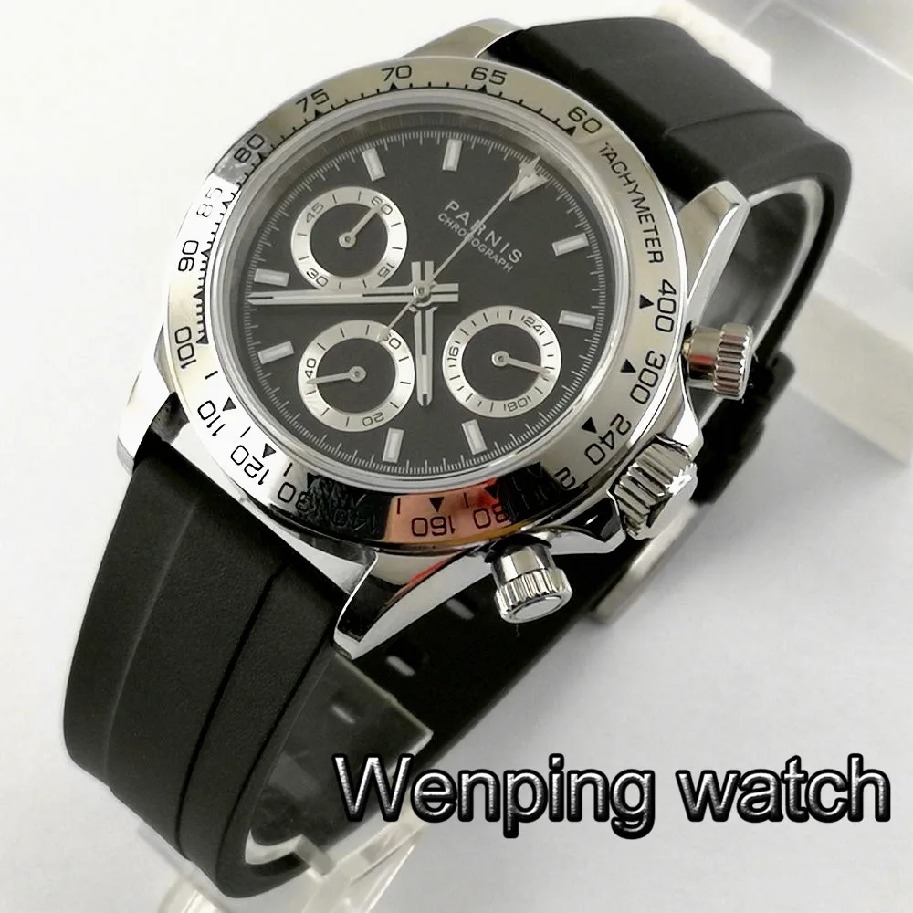 Men's luxury watches PARNIS 39mm  black dial sapphire glass rubber strap  full Chronograph Multi-function quartz watch gift