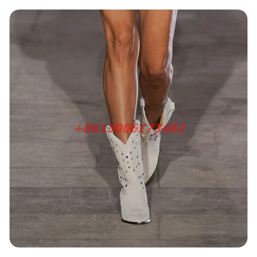 New woman retro embroidery rivet pointed toe chunky spike heel cowboy boots punk style female crystal beading ankle boots