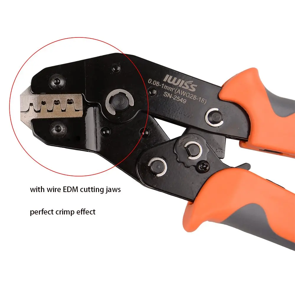 IWISS-SN-2549 Estilo europeu alicate de crimpagem, ferramenta de mão Crimper, Crimp Range 0, 08-0, 5/0,25/0,5/1,0mm ² (28-18AWG), ferramentas de