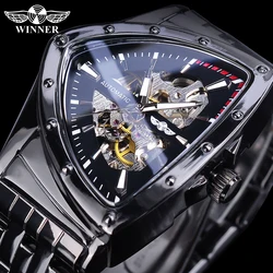 Winnaar Black Skeleton Mechanische Horloge Man Driehoek Automatische Horloges Roestvrij Staal Onregelmatige Horloge Transparant Back Case