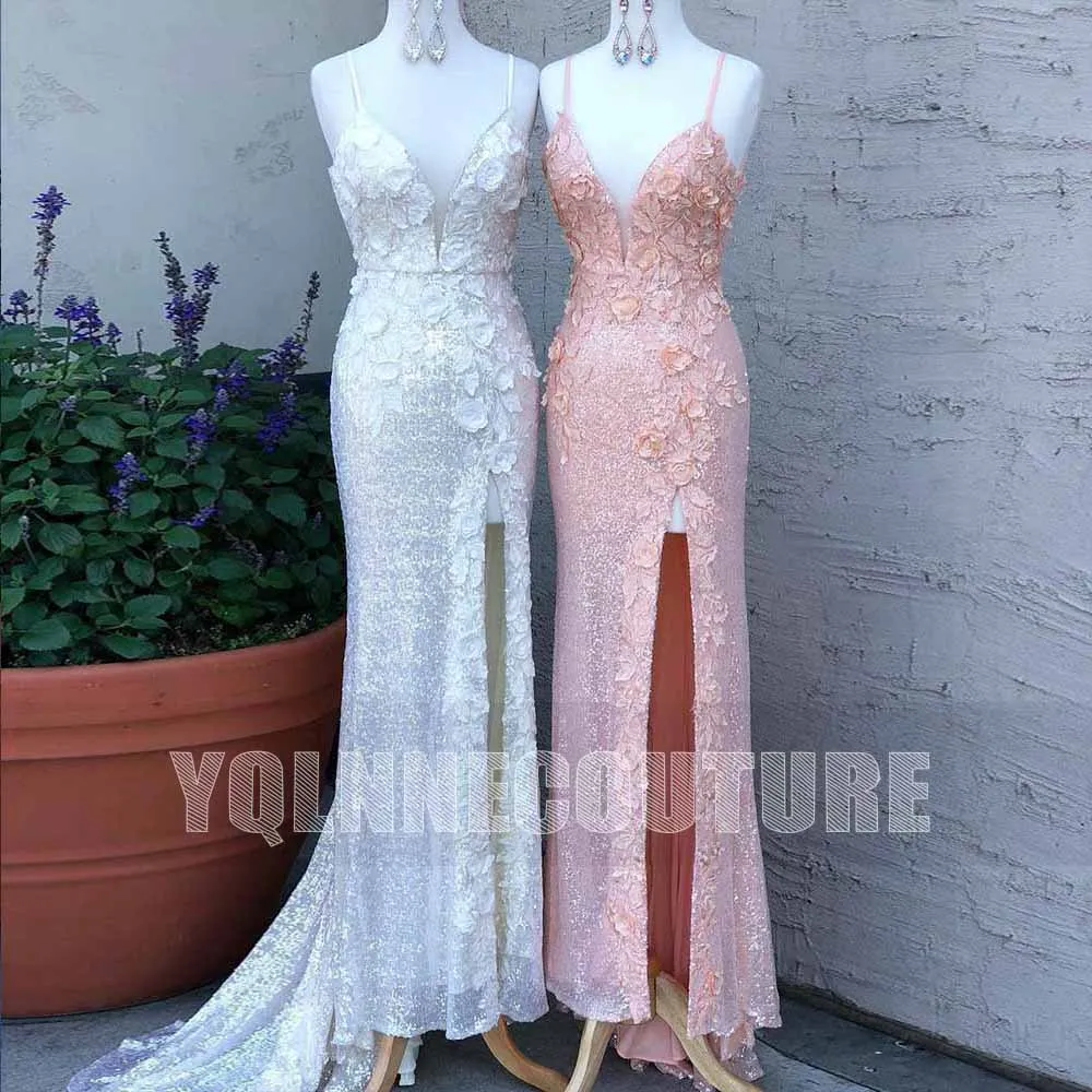 YQLNNE Beauty Long Sequined Prom Dresses Mermaid Sexy Straps Flowers Appliques Left Slit Backless Floor Length Party Gown