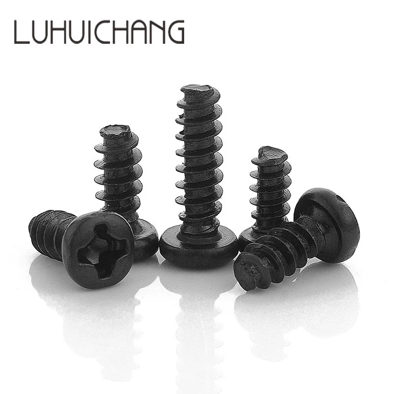 100pcs Cross Recessed Pan Head Self-tapping Screw M1.2 M1.4 M1.7 M2 M2.3 M2.6 M3 M4 Black Carbon Steel Phillips Screw