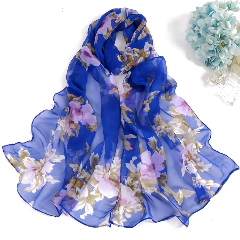 Fashion Four Seasons Thin Soft Chiffon Women Peach Flower Printing Silky Georgette Scarf Shawls Long Wraps Beach Sunscreen Hijab