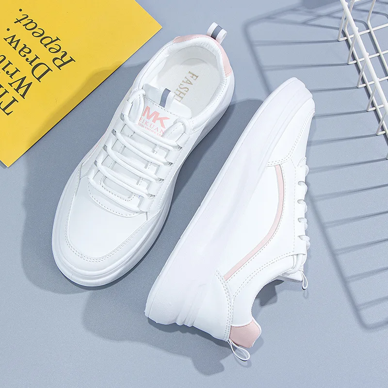 Women Casual Shoes Small White Shoes Thick Sole Platform Sneakers Flat Skateboarding Shoes Tennis Trainers Height Increase 3cm