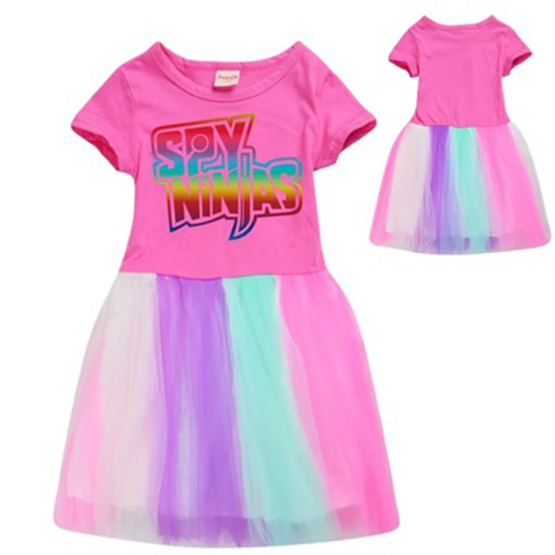 SPY NINJA Print Girls Summer Dress Cotton Animal Applique Baby Kids Short Sleeve Princess Dresses Girls Clothes Vestidos