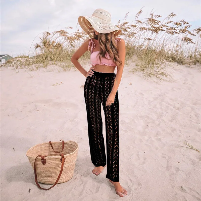 Women See-Through High Waist Pants, Sexy Bikini Cover Up, Handmade Crochet Swimsuit Bottoms, Long Trousers, Beachwear Swimwear