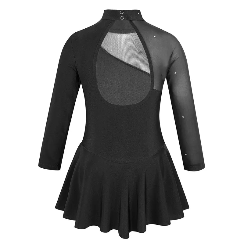 Kids Girls Long Sleeves Figure Ice Roller Skating Ballet Dance Gymnastics Leotard Dress Children Stage Performance Costume