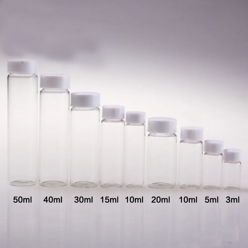 

40pcs to 200pcs 3ml 5ml 10ml 15ml 30ml 40ml 50ml Clear Glass Seal Bottle Reagent Sample Vials With Plastic Lid Screw Cap