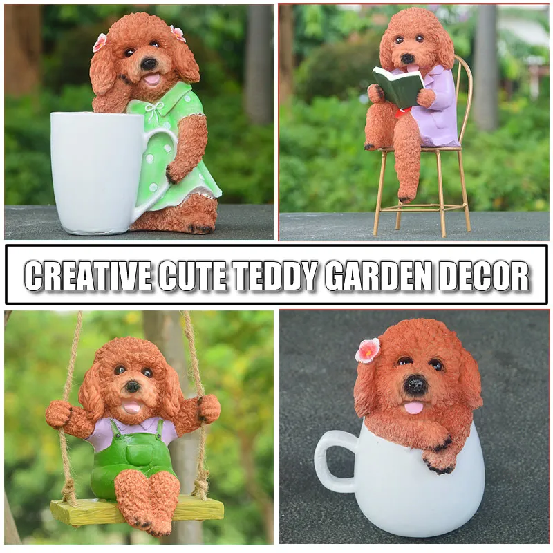 

Creative Cute Teddy Dog Garden Decor Statue Resin Ornaments Swing Hang On Tree Decorative Pendant Indoor Outdoor Decor Ornament