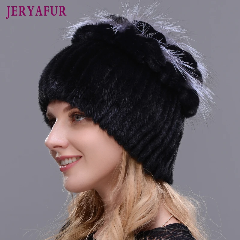 

New Fashion Winter Warm Ear Cap Natural Imported Mink Fur Hat For Women Rabbit Fur Petal And flower On The Top Mix With Fox Fur