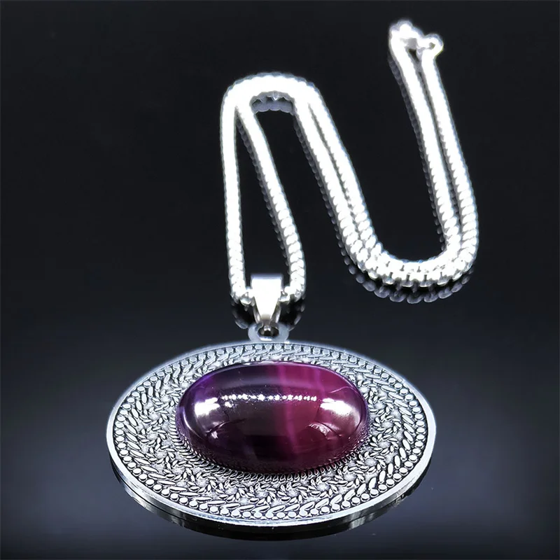 Stainless Steel Bohemia Natural Stone Vintage Necklaces Women Silver Color Oval Chain Necklace Jewelry Reiki Healing Gift N8150