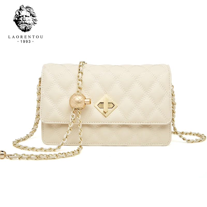 

LAORENTOU Lady Split Leather Chain Shoulder Crossbody Bag Commute Soft Messenger Bag For Women Stylish Female Lattice Sling Bag