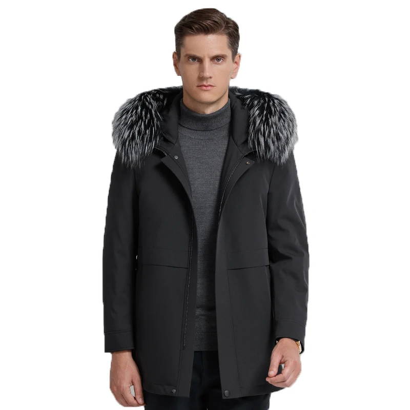 

New Fashion Men's Jacket Hooded Black Winter Fur Coat Jacket for Men Detachable Fox Fur Collar and Liner jaqueta de couro, M-4XL