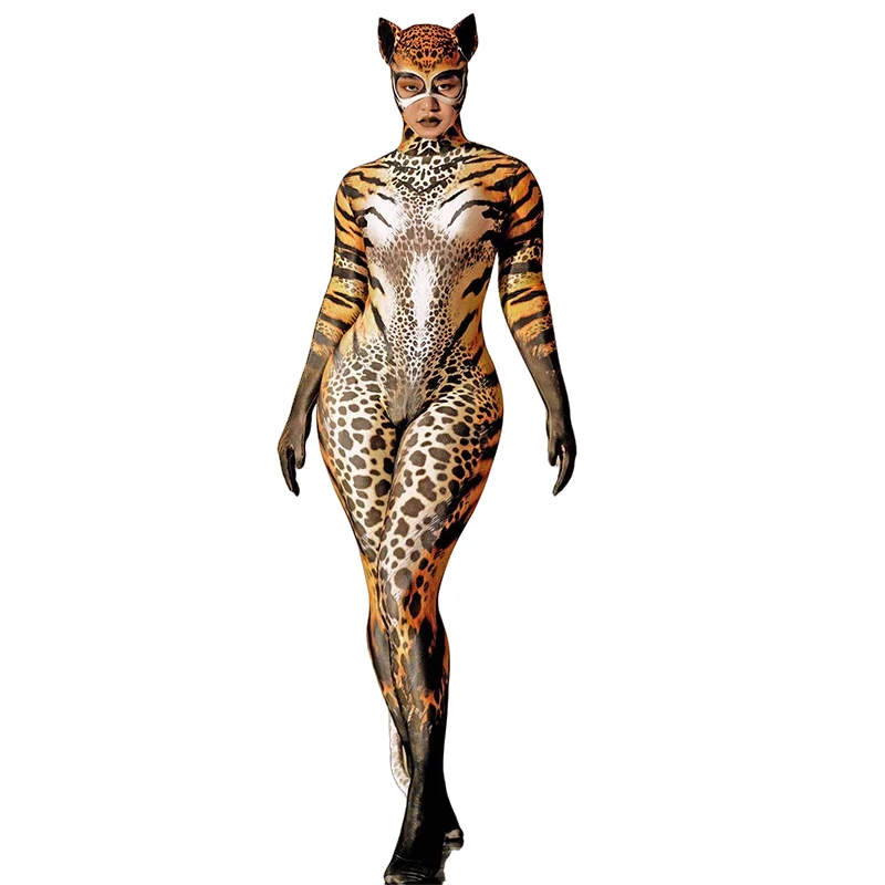 Cat Print Skinny Jumpsuit Sexy Zentai Female Party Outfit Women Party Show Performance Stage Wear Halloween Cosplay Costume