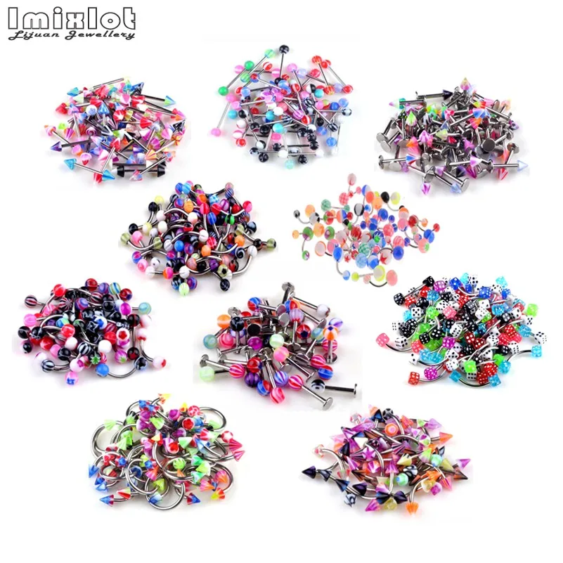 50/100PCS Mixed Acrylic Surgical Steel Body Piercing Jewelry Lot Bulk Nose Ring Tongue Bar Navel Eyebrow Lip Labret Piercing Set