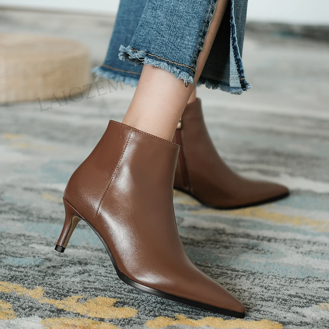 LAIGZEM Women Ankle Boots Genuine LEATHER 6CM Thin Heels Side Zip Pointed Booties Ladies Casual Shoes Woman Size 33 40 42 43