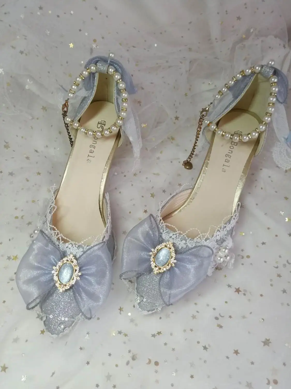 Princess kawaii shoes round head high heel Kawaii girl sweet lolita shoes pearl lace bowknot women shoes loli cosplay cos