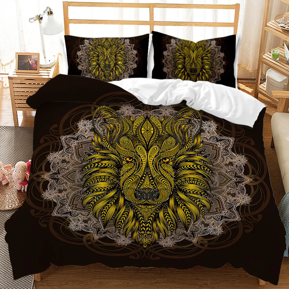 3D Animals Lion TIiger Bohemian Style Quilt Cover Sets Black Linens Bed Pillow Shams King QueenDouble Full Size for Home