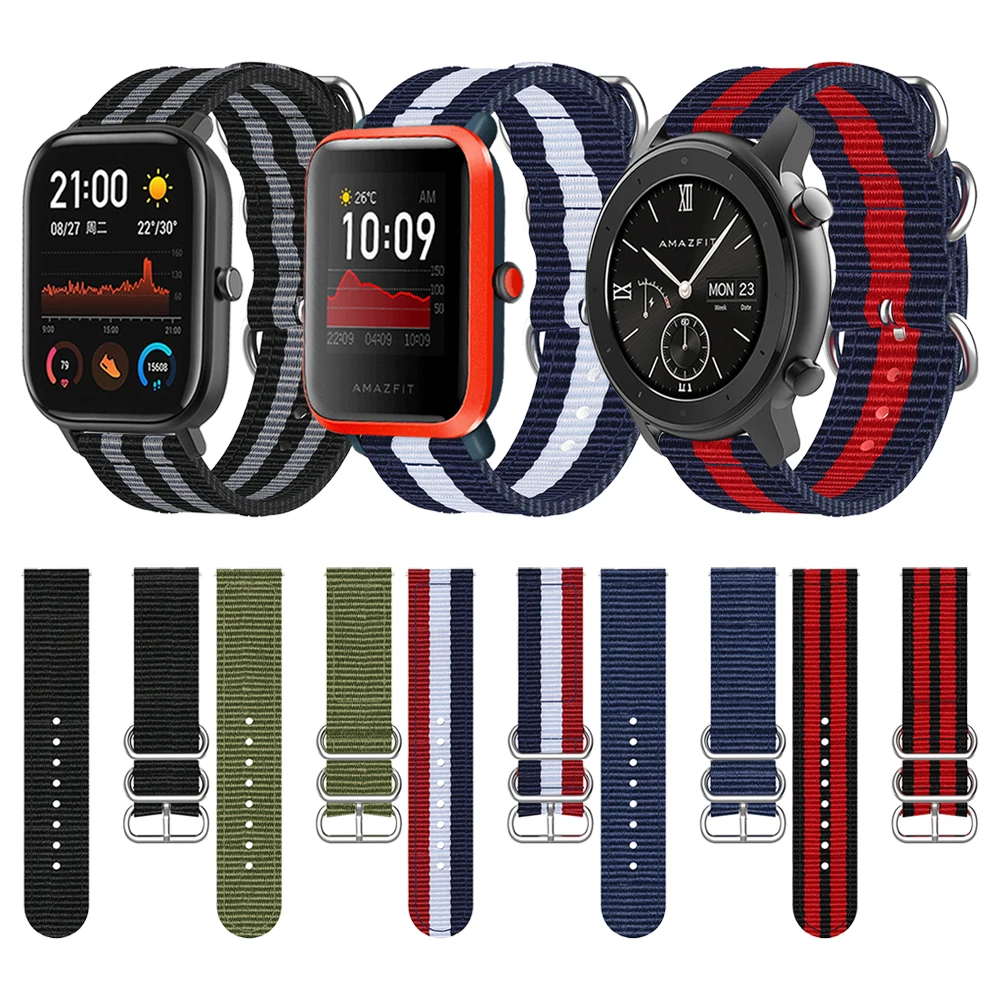 22 20mm Ring Buckle Fabric Band for Huami Amazfit Smart Watch Nylon Strap Watchband for Amazfit Stratos 3 GTR GTS Bip S Bracelet