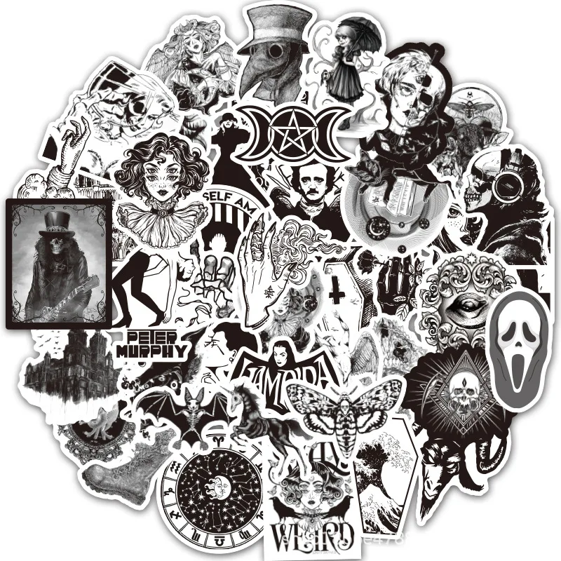 50Pcs Black White Gothic Style Horror Thriller Stickers Cool Pegatina for DIY Laptop Skateboard Luggage Guitar Decals Sticker