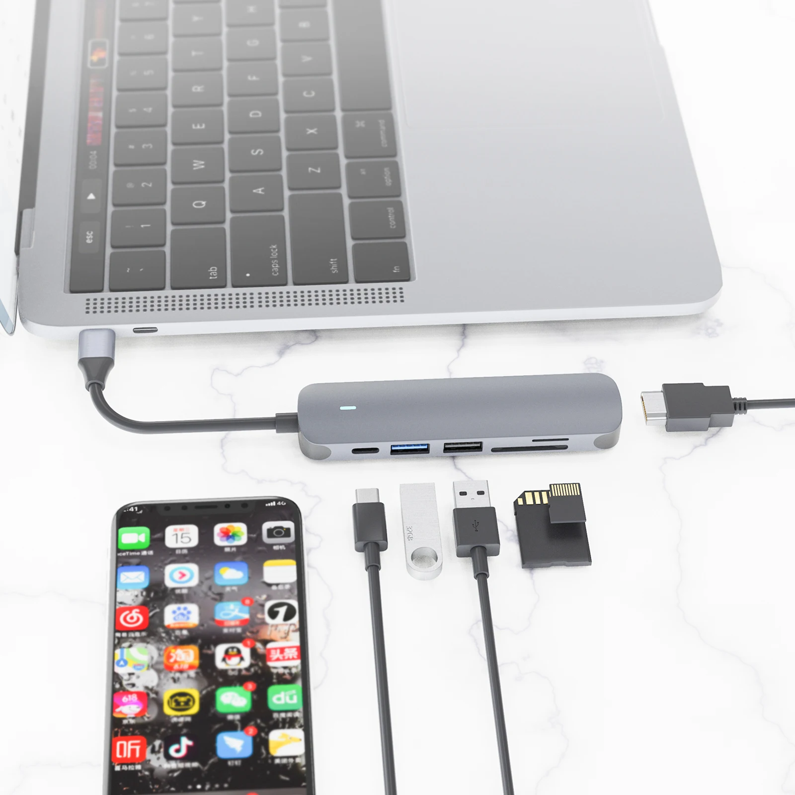 HUO JI USB C 허브 유형 C-HDMI 호환 USB 3.0 어댑터 6 in 1 Type C 허브 도크 MacBook Pro Air USB C 스플리터