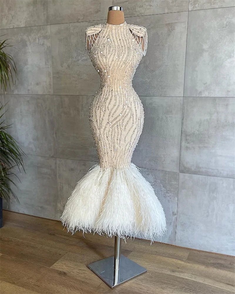 Feather Mermaid Prom Dresses High Neck Lace Appliques Glitter Evening Dress Custom Made Tea Length Sleeveless Party Gown