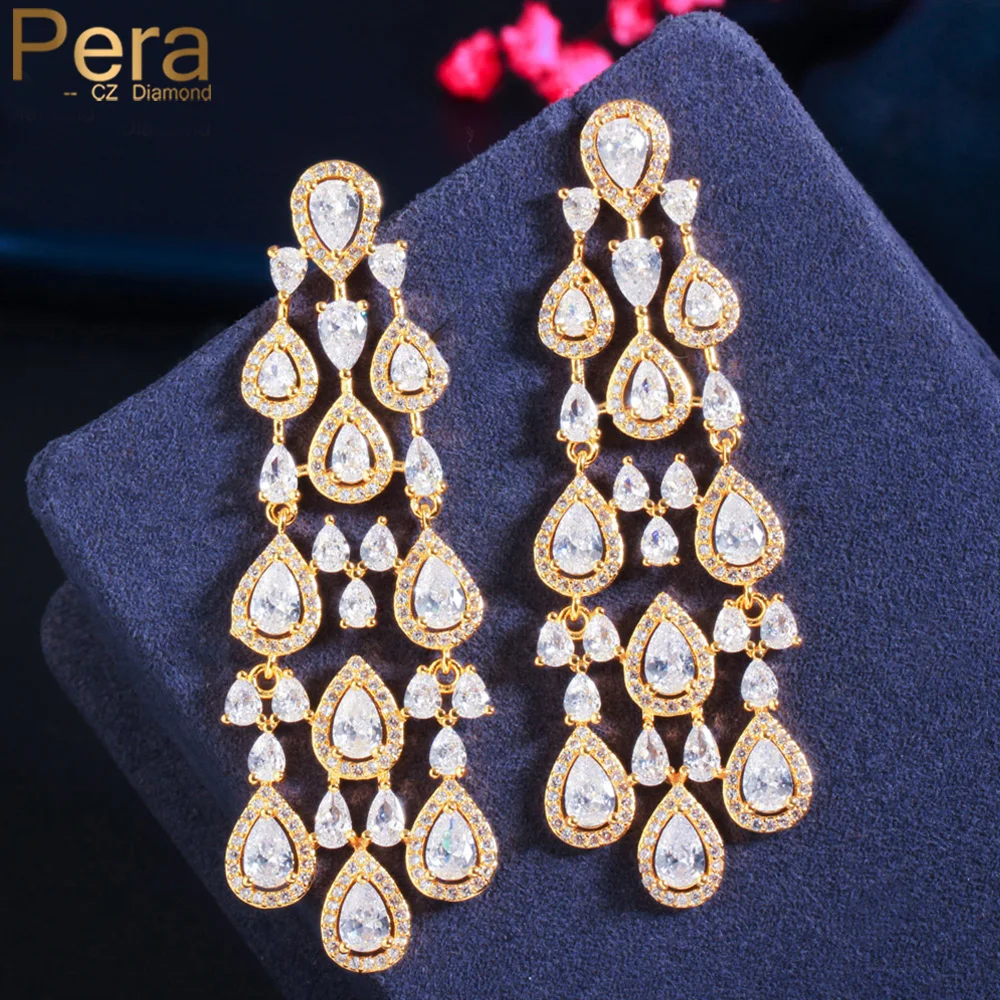 Pera High Quality African CZ Zircon Yellow Gold Color Long Dangle Chandelier Drop Earrings for Women Fashion Accessories E666