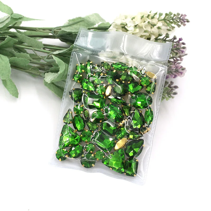 

Garment Decorations Grass Green Mix Shape Glass Rhinestones Sewing Crsytal With Gold Claw for Jewelry/clothing accessories