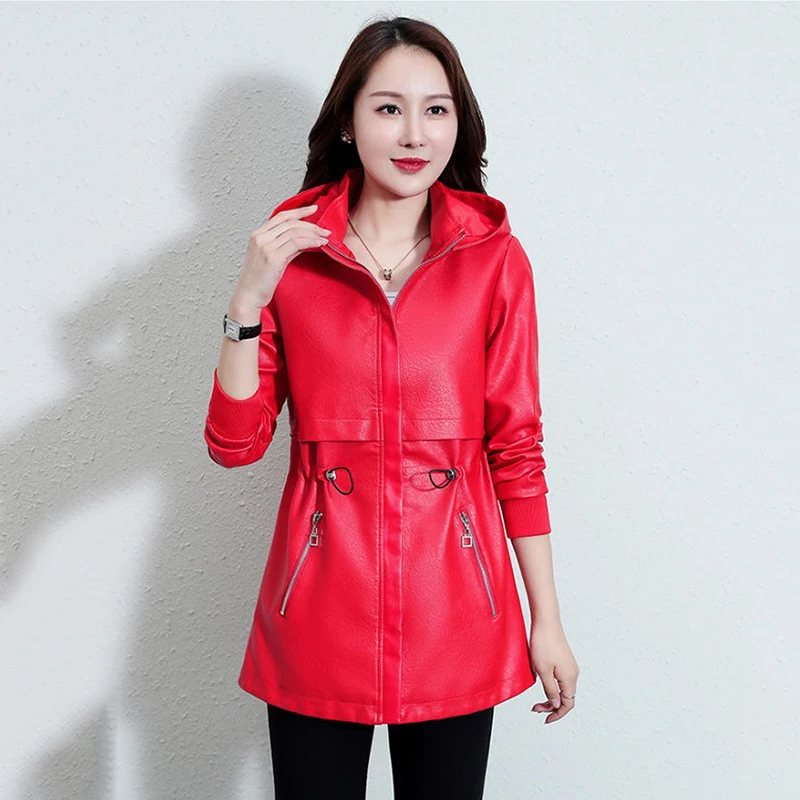 Chic Women Leather Coat Long Sleeve Hooded Woman Zipper Biker Jacket Fashion 2021 Luxury Spring Autumn British Style outerwer