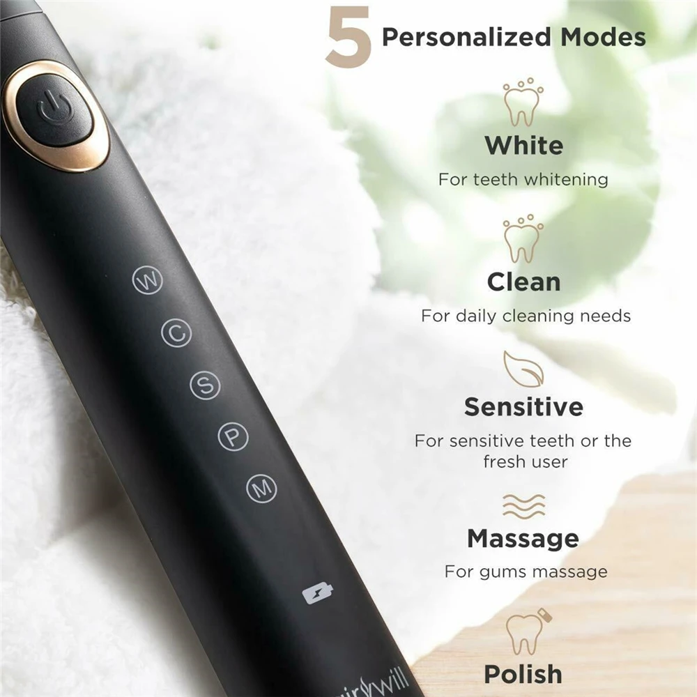 Fairywill Electric Sonic Toothbrush Waterproof 5 Modes USB Charge Rechargeable Adult 8 Brushes Replacement Heads Toothbrush Gift