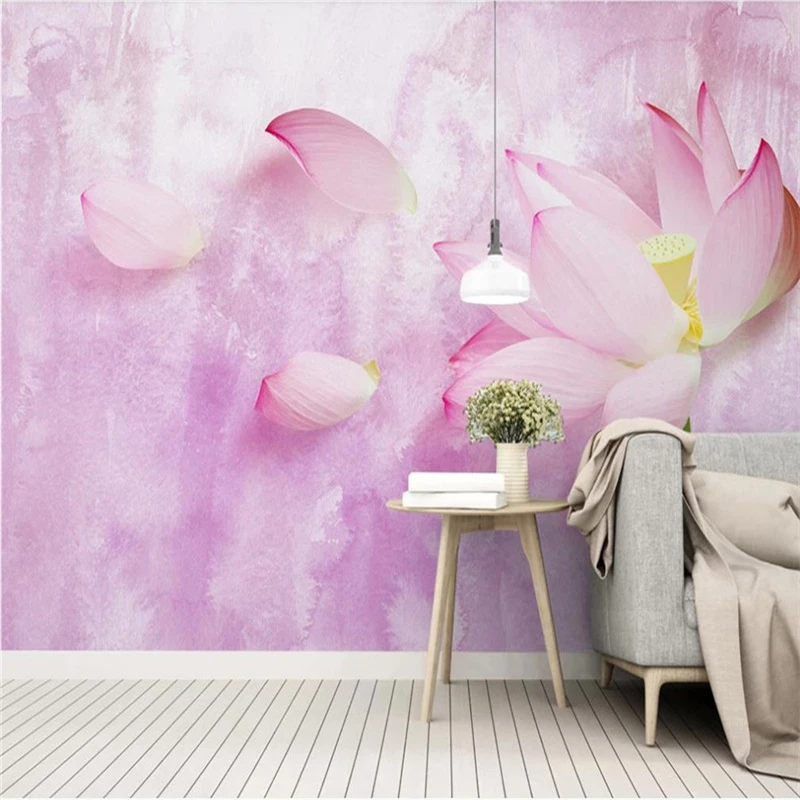 

Custom Mural Wallpaper Modern Hand-Painted Pink Lotus Fresh TV Background Wall Painting