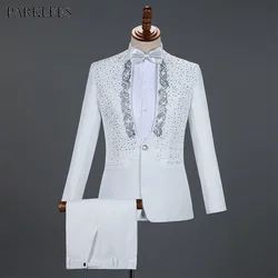 White Sparkly Crystals ricamo abiti da uomo con pantaloni matrimonio sposo smoking Suit uomo Stand Collar Stage Costume Homme Mariage