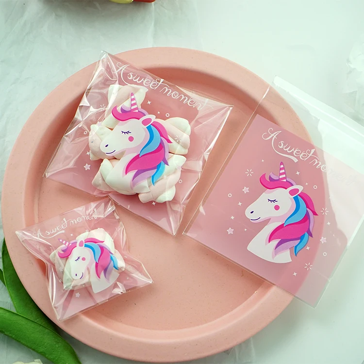 100pcs Pink Unicorn Plastic Self Adhesive Bags Cookie Biscuits Candy Packaging Bag Wedding Birthday Party Supplies 7x7 10x10cm