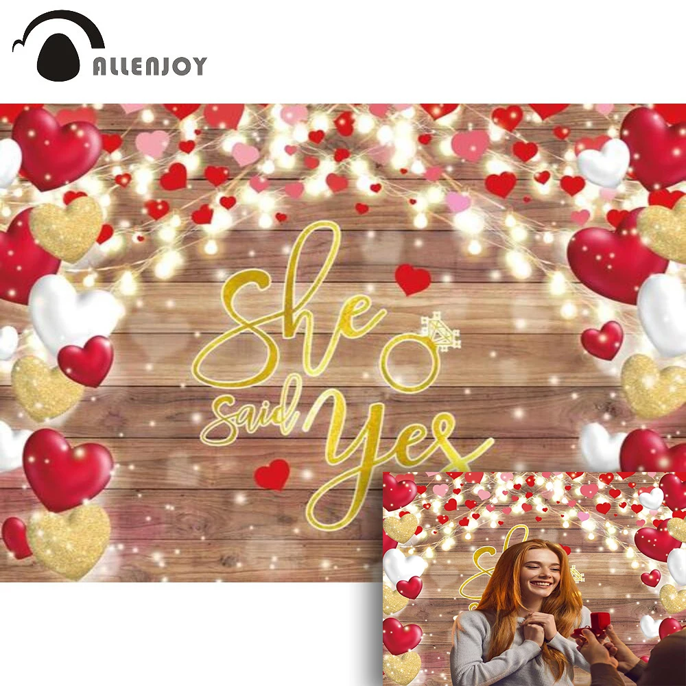 

Allenjoy Wedding Decor Engagement Party Heart Balloons Backdrop Gold Wood Dots Ring Lights Bridal Shower Photocall Background