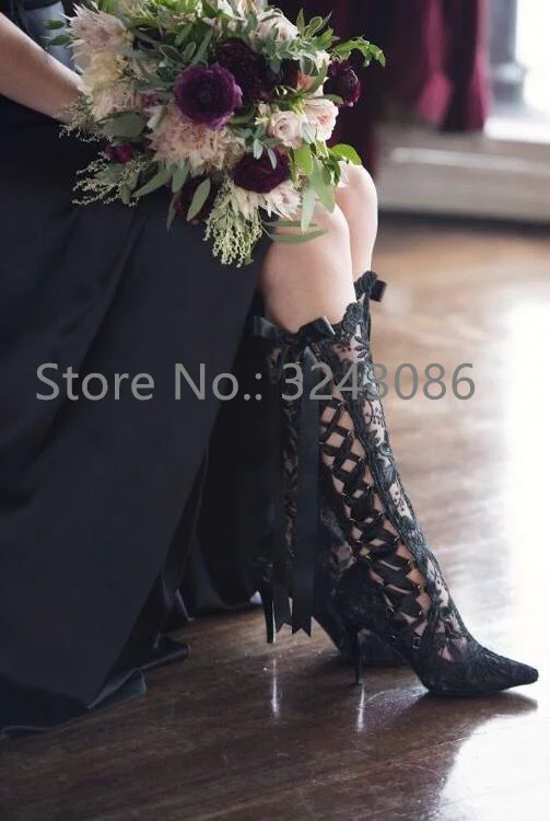 Sexy Black Lace Lace-up Woman Long Boots Fashion Pointed Toe Stiletto Heel White Red Wedding Shoes Sexy Female Banquet Boots