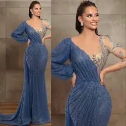 Blue Jewel Neck Illusion Beaded Sequined Evening Dresses Lace Long Sleeve Mermaid Prom Party Gowns Sweep Train robe soirée femme