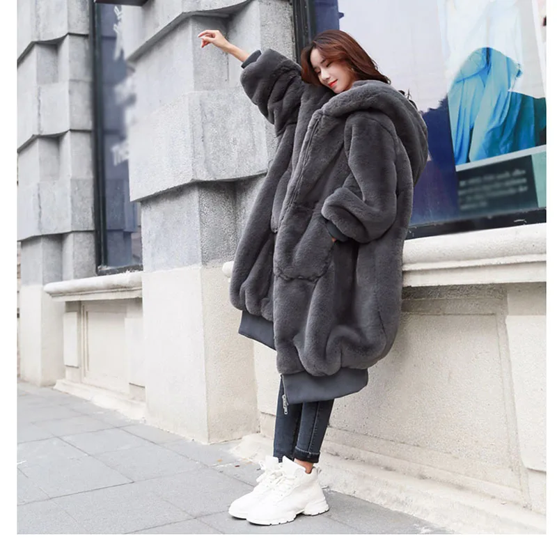 Hot Sale Women Faux Rex Rabbit Fur Hooded X Long Coat,Grey Black Beige Light Green Fashion Fur Designer Winter Coat Over Coating