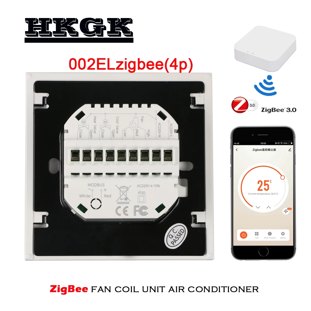 2pipe 4pipe ZigBee air conditioning thermostat programming, for heating and cooling, control with tuya APP Alexa Google home