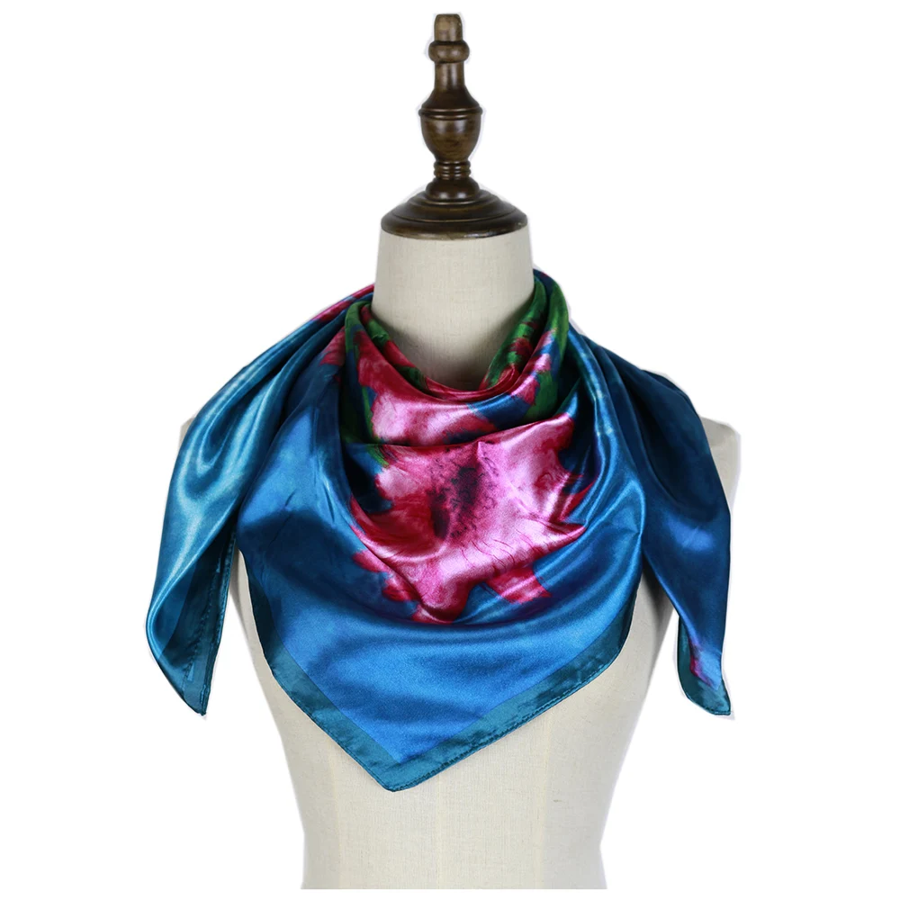 Silk Polyester Scarf Women's Fashion Pattern Square Satin Headscarf Flowers Design