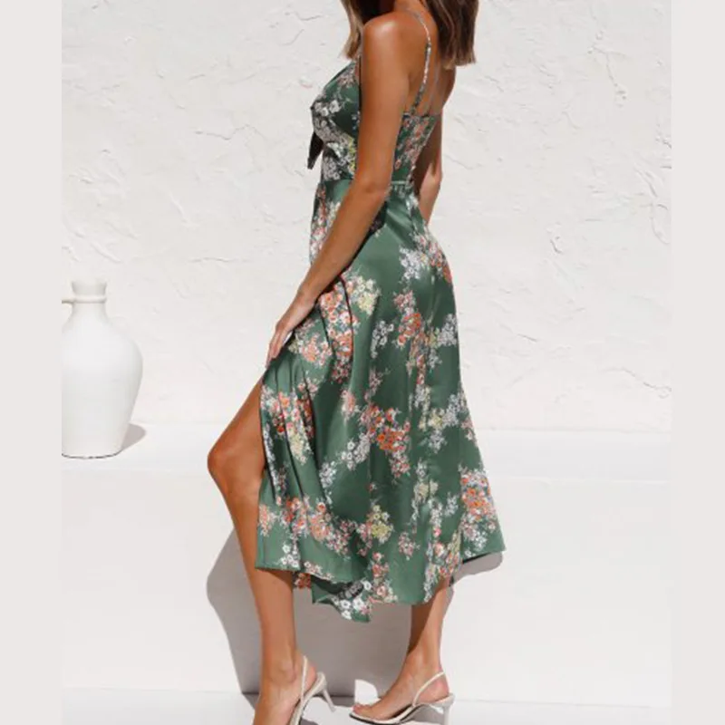 Skmy verão férias vestido de espaguete cinta com decote em v oco sexy sem mangas verde impresso split midi vestido roupas femininas