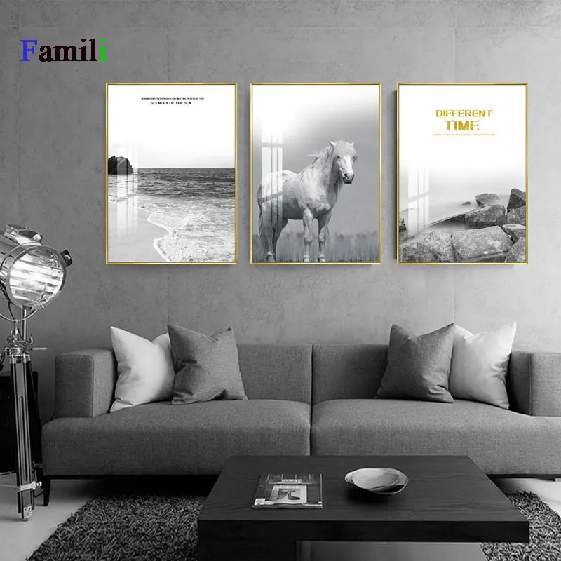 

Nordic Minimalist Black White Horses With Quote Canvas Painting Posters Print wall Art Picture For Living Room Bedroom Aisle