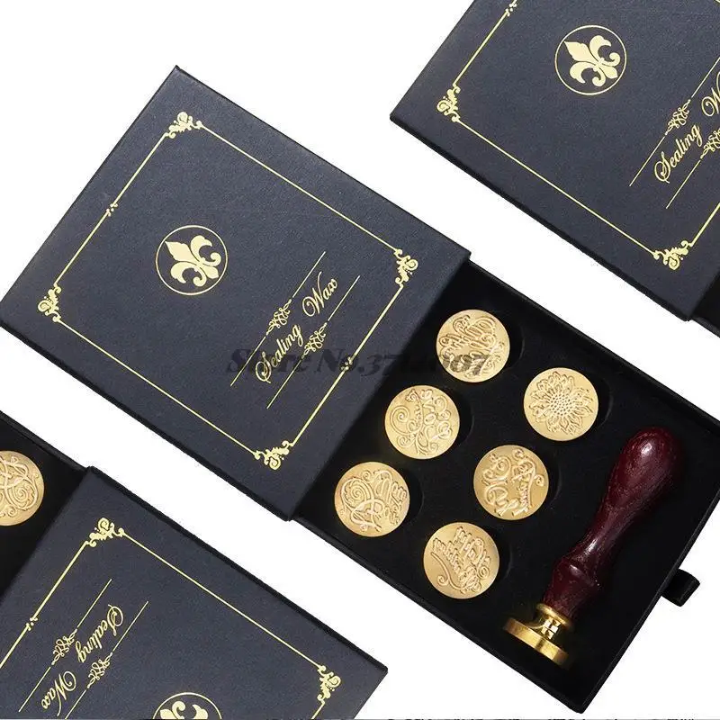 7pcs Head + 1 Wooden Handle Set DIY Wax Seal Box Kit Detachable Stamp Retro Envelope Wedding Packaging Gifts Clear Deutsch