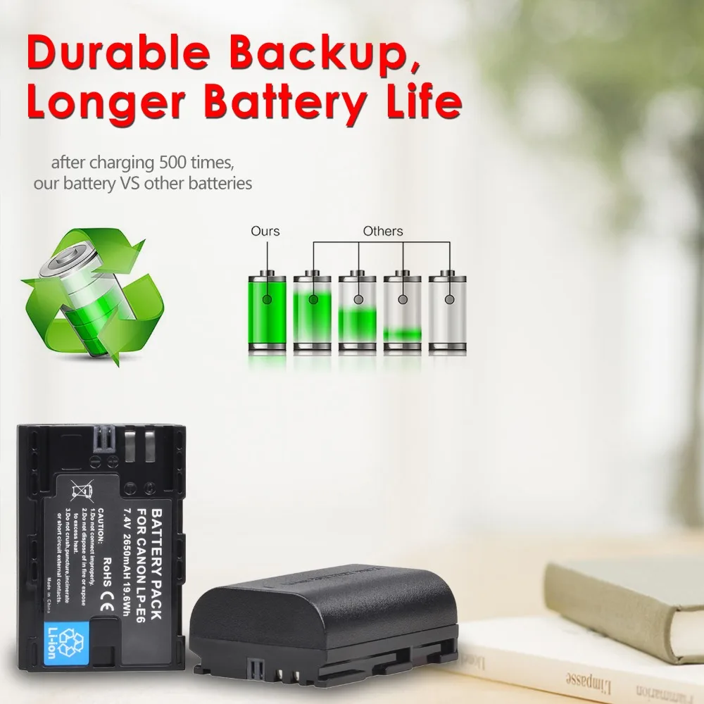 2650mAh LP-E6 LP-E6N 배터리 LPE6 LP E6 E6N Bateria + 캐논 EOS 5D Mark II III 50D 6D 60D 7D 70D 80D 90D EOS R 용 듀얼 충전기