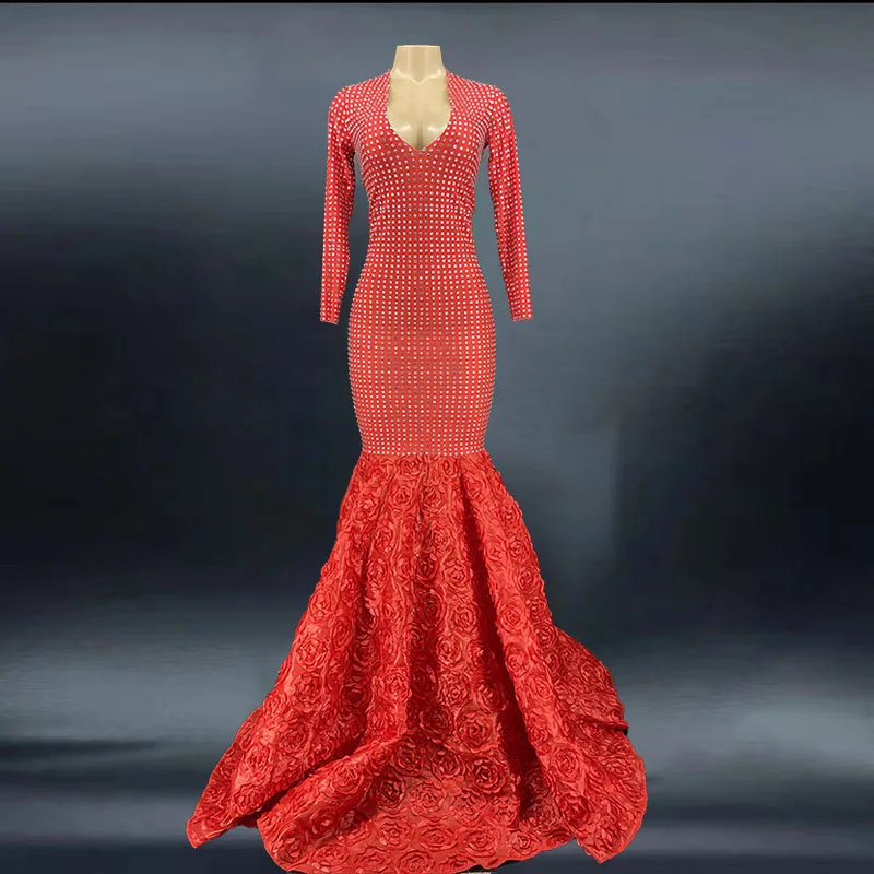 Women Sexy stage Red Rhinestones  Dress Birthday Celebrate Women Dress Prom Evening Stage Singer Dancer Train Dress