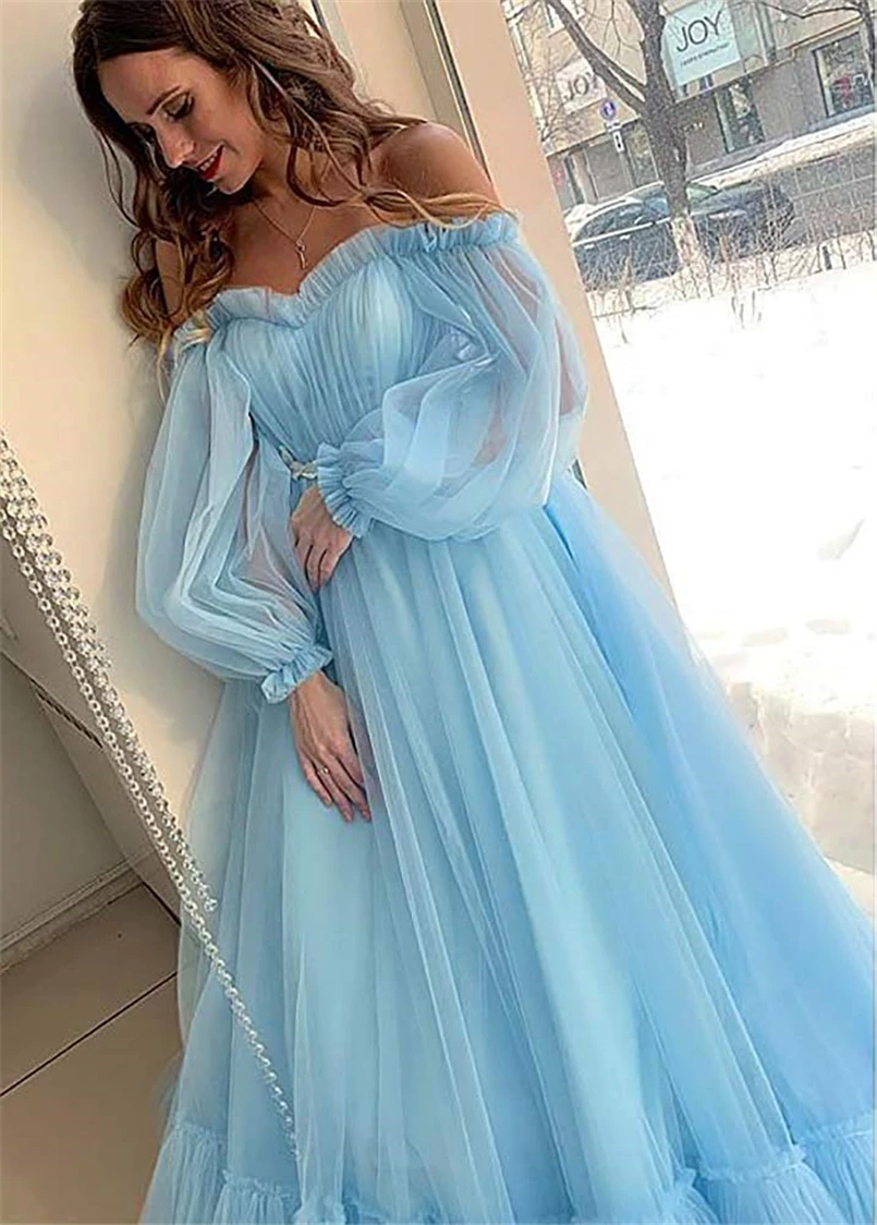 LORIE Blue Prom Dresses Long Sleeve Off the Shoulder Princess Dress 2024 Tulle Lace-up Formal Evening Party Dresses Plus Size