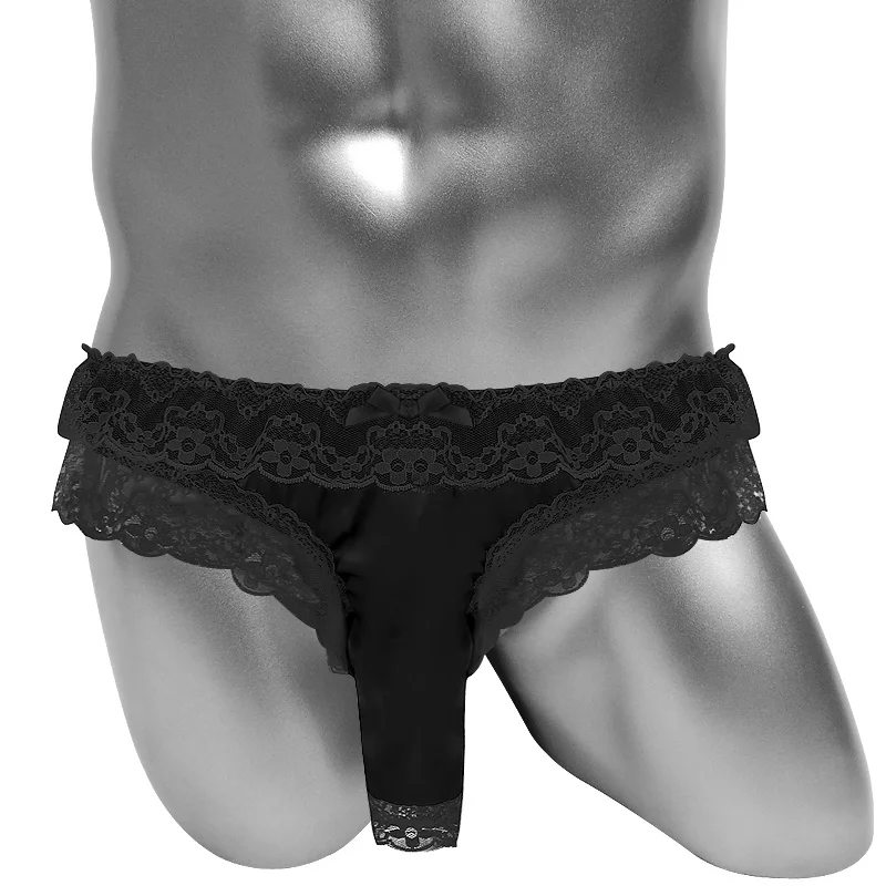 Sissy Panties With Open Penis Sheath Mens Sexy Lingerie Softy Shiny Satin Lace Floral Frilly Male Briefs Underwear